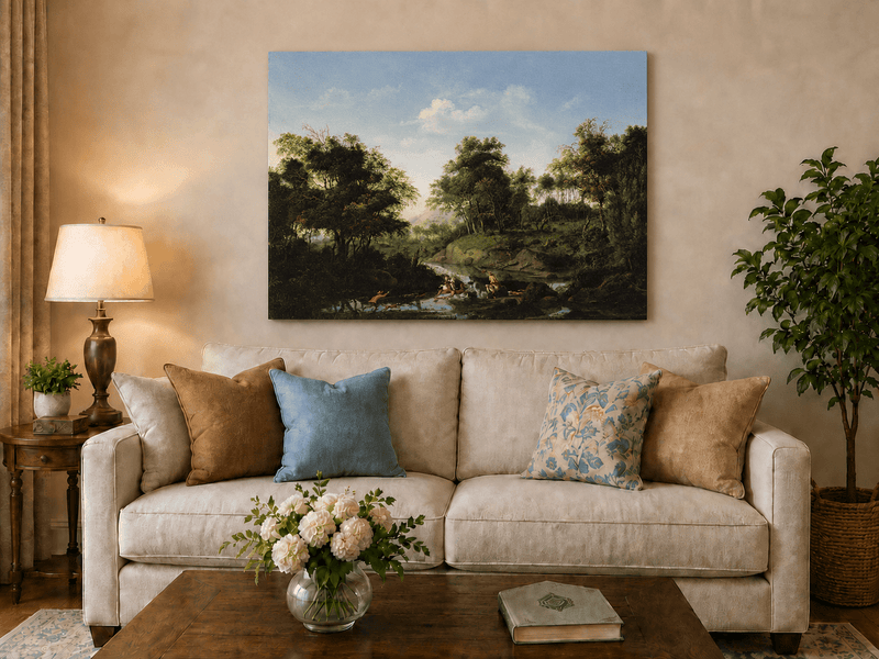 Landscape Oil Painting - Wooded Stream with Figures and Bathers