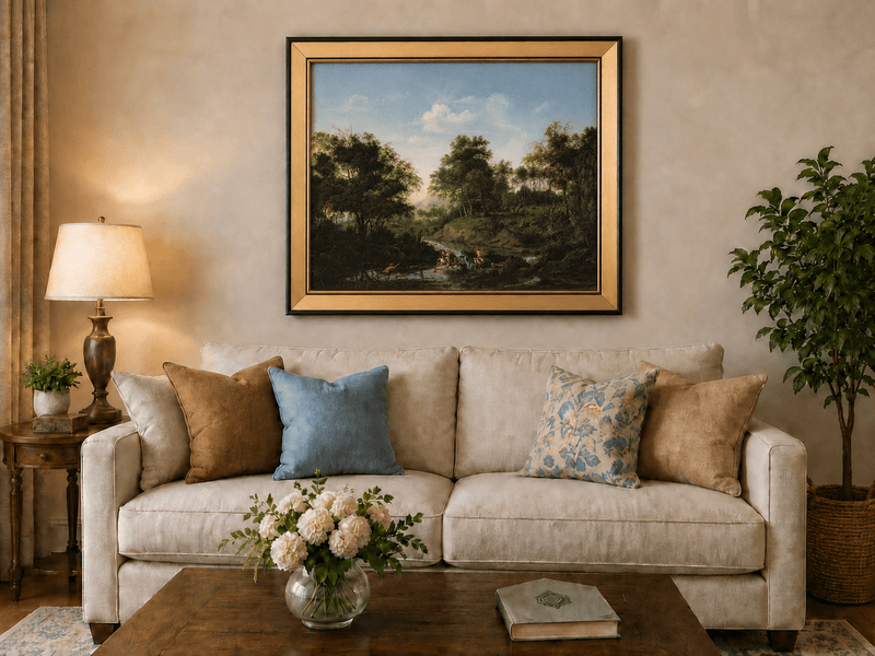 Landscape Oil Painting - Wooded Stream with Figures and Bathers