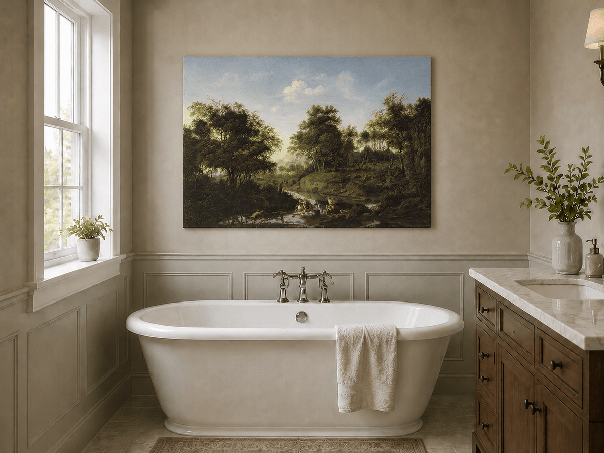 Landscape Oil Painting - Wooded Stream with Figures and Bathers