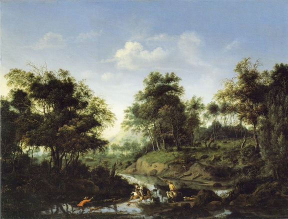 Hand-painted wooded stream with figures and bathers landscape oil painting on canvas
