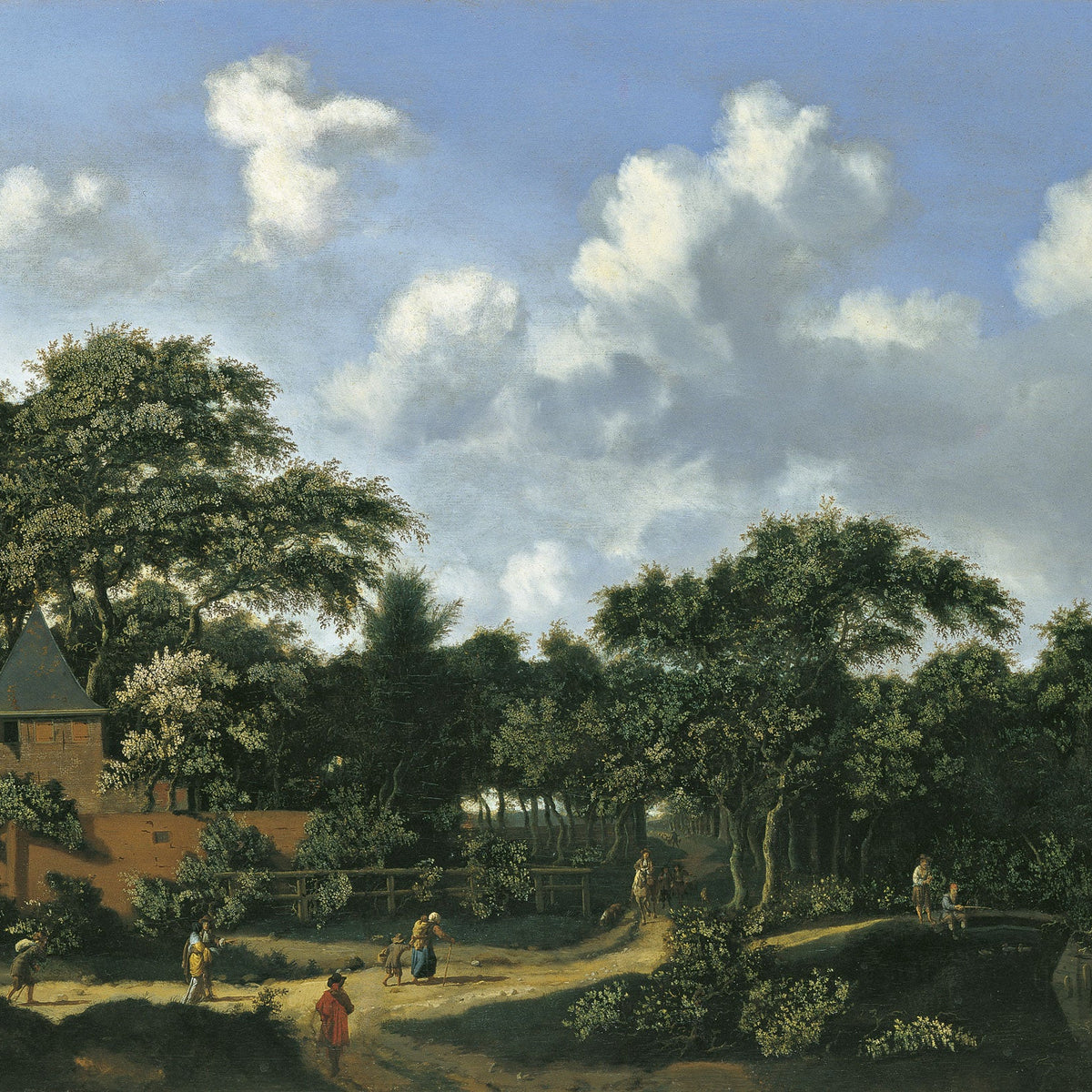 Hand-painted wooded village path under towering clouds landscape oil painting on canvas