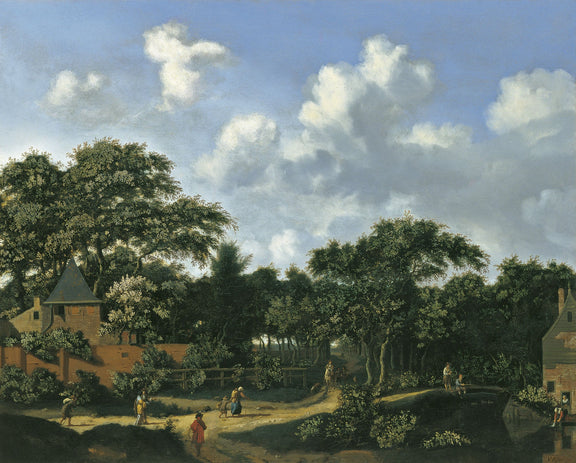 Hand-painted wooded village path under towering clouds landscape oil painting on canvas
