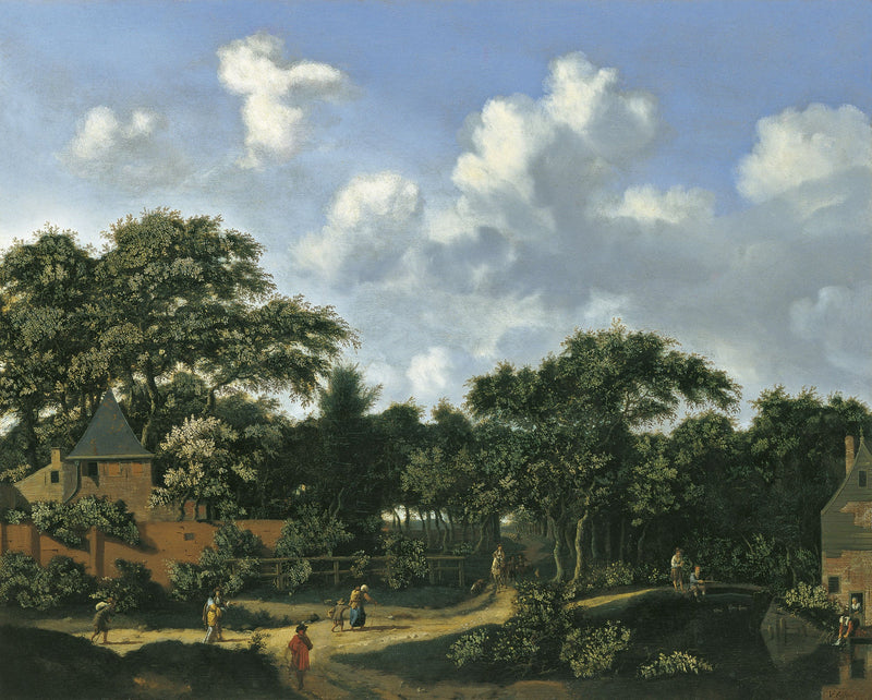 Hand-painted wooded village path under towering clouds landscape oil painting on canvas