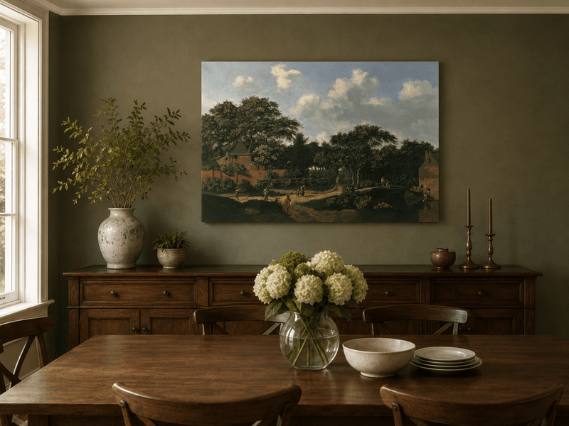 Landscape Oil Painting - Wooded Village Path Under Towering