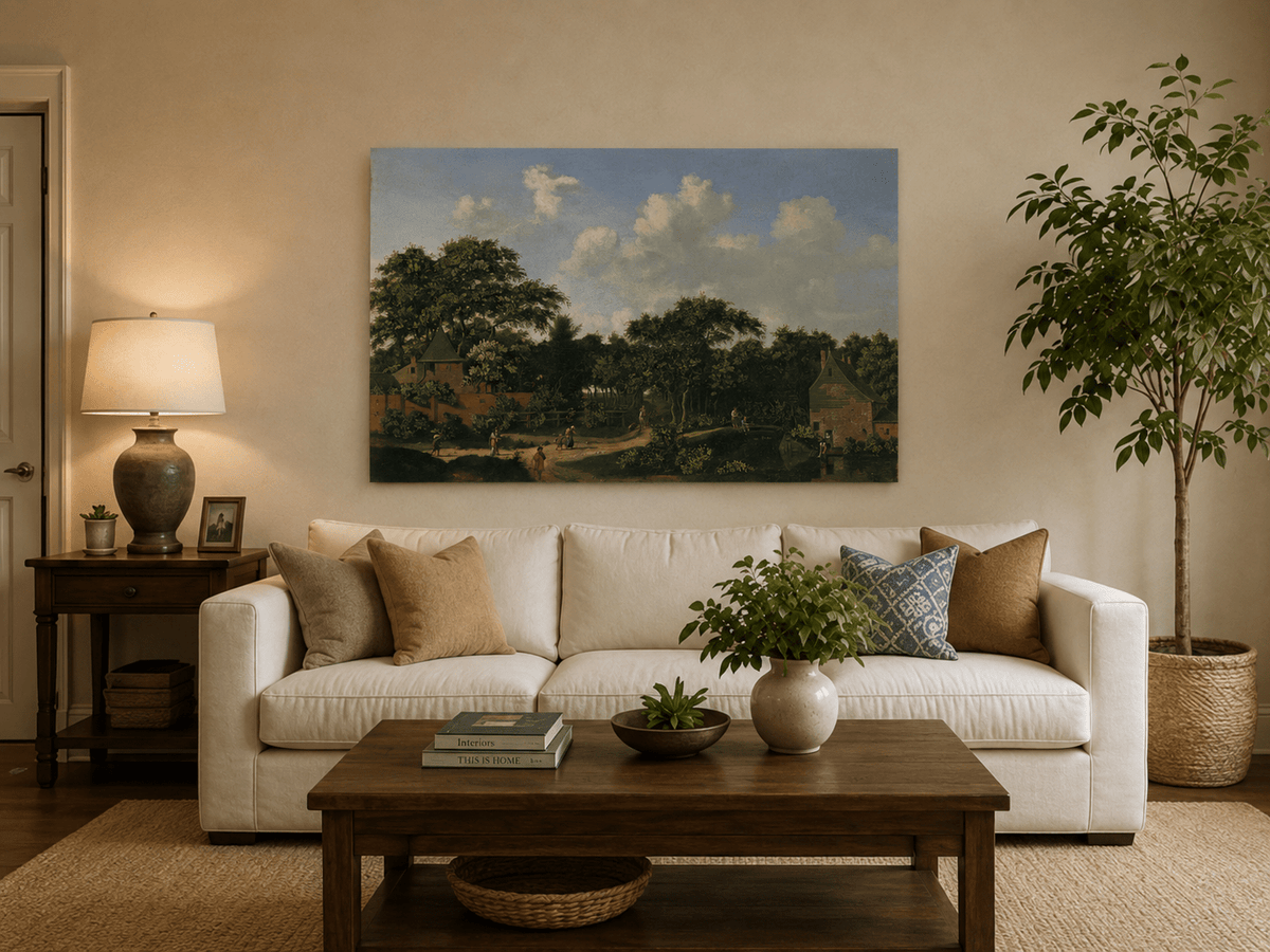 Landscape Oil Painting - Wooded Village Path Under Towering