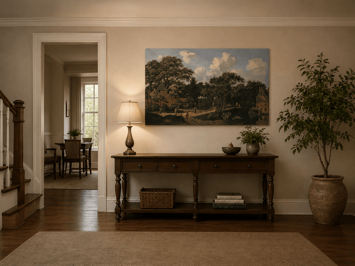 Landscape Oil Painting - Wooded Village Path Under Towering