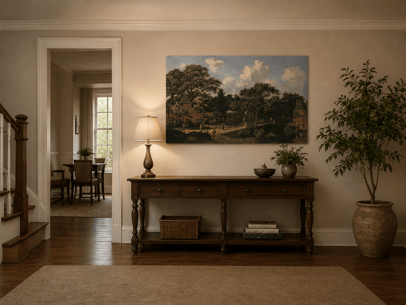 Landscape Oil Painting - Wooded Village Path Under Towering