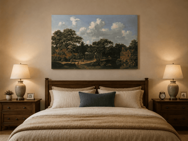 Landscape Oil Painting - Wooded Village Path Under Towering