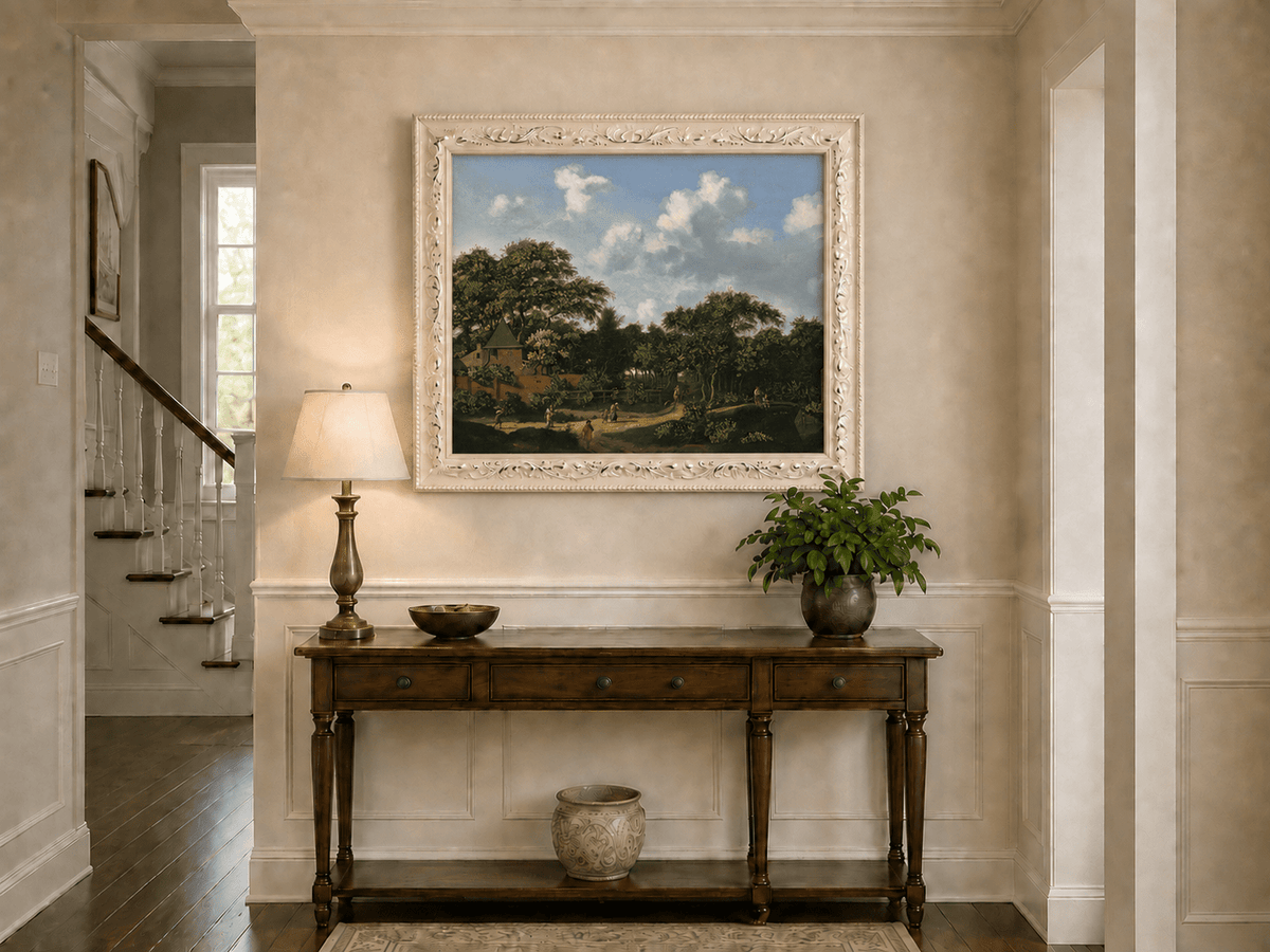 Landscape Oil Painting - Wooded Village Path Under Towering