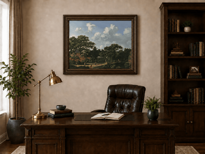 Landscape Oil Painting - Wooded Village Path Under Towering