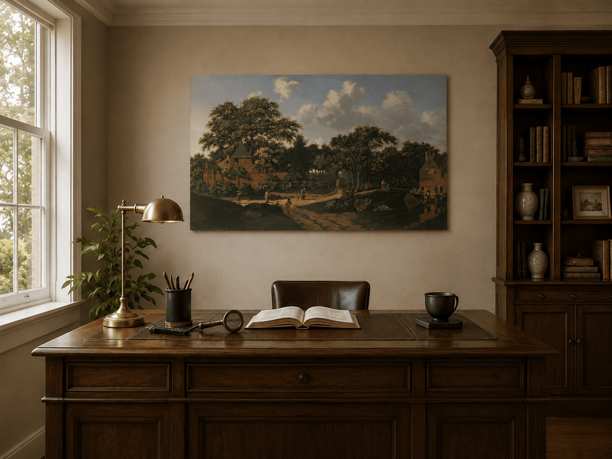 Landscape Oil Painting - Wooded Village Path Under Towering