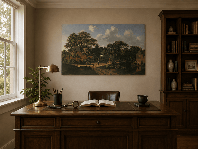 Landscape Oil Painting - Wooded Village Path Under Towering
