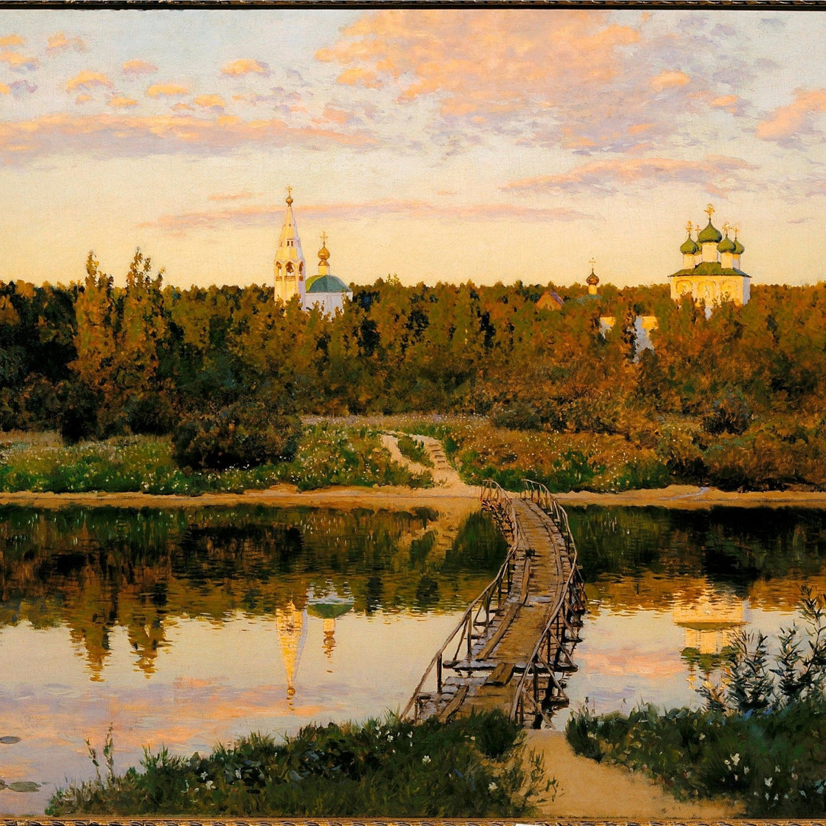 Hand-painted wooden bridge and church reflection landscape oil painting on canvas