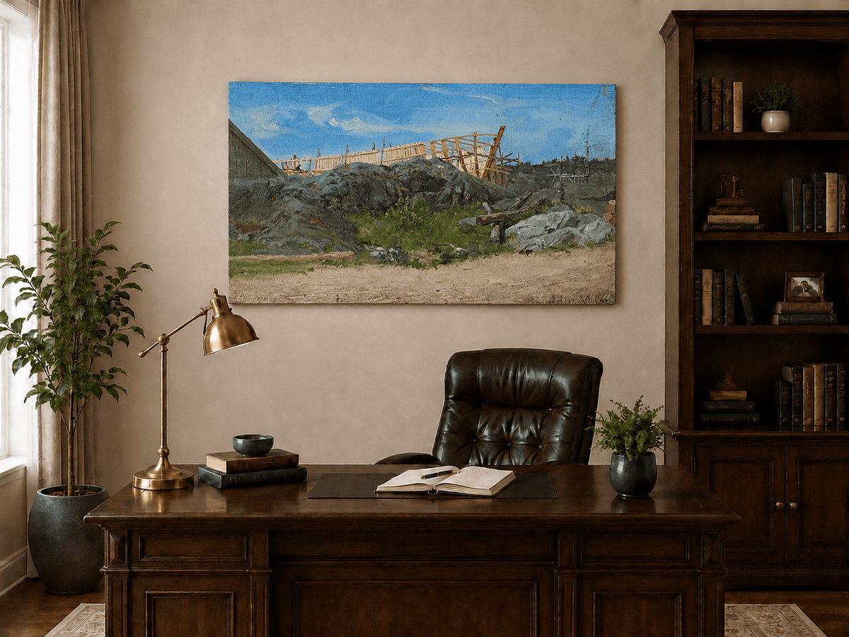 Peinture à l'huile de paysage - Scène de rivière hivernale avec personnages et chevaux