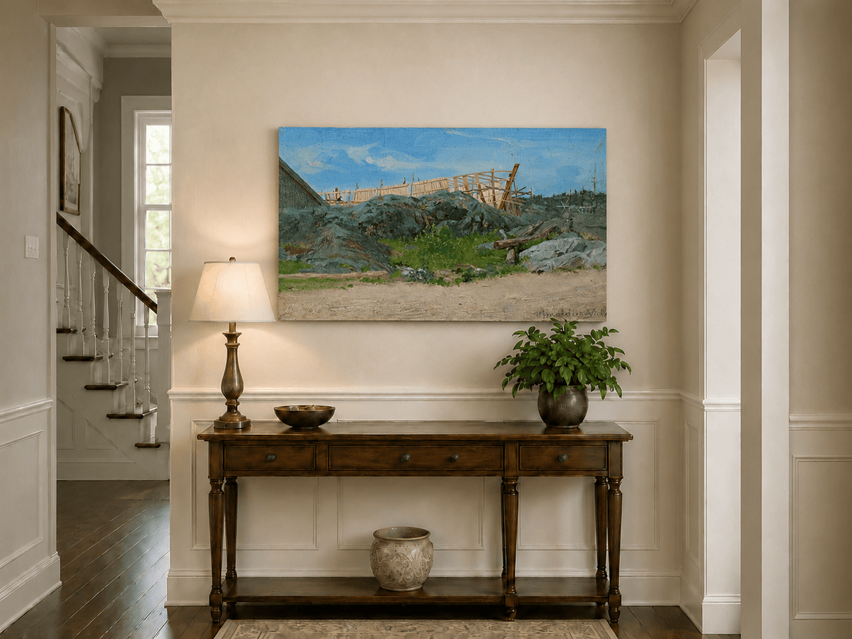 Peinture à l'huile de paysage - Scène de rivière hivernale avec personnages et chevaux
