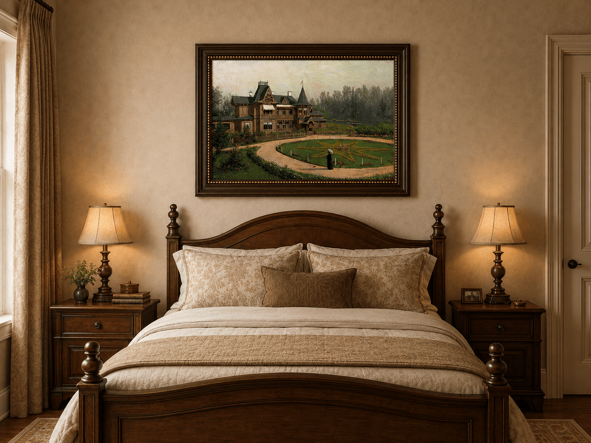 Peinture à l'huile de paysage - Villa en bois avec jardin en forme d'étoile