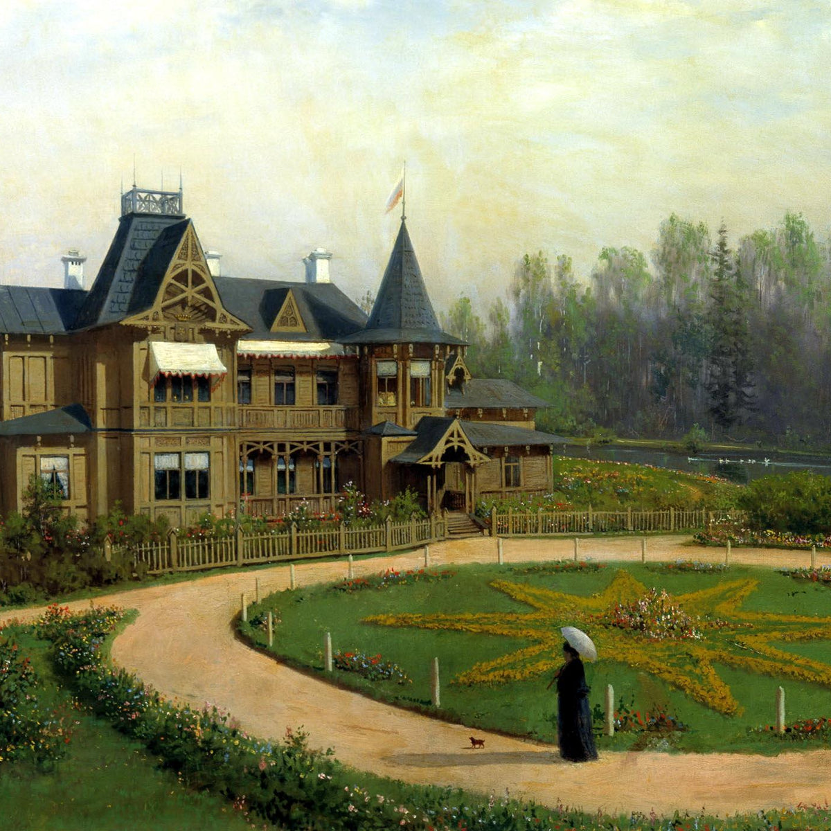 Landscape Oil Painting - Wooden Villa with Star - Shaped Garden - Oil Painting Haven