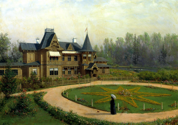 Landscape Oil Painting - Wooden Villa with Star - Shaped Garden - Oil Painting Haven