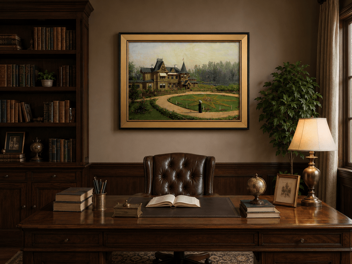 Peinture à l'huile de paysage - Villa en bois avec jardin en forme d'étoile