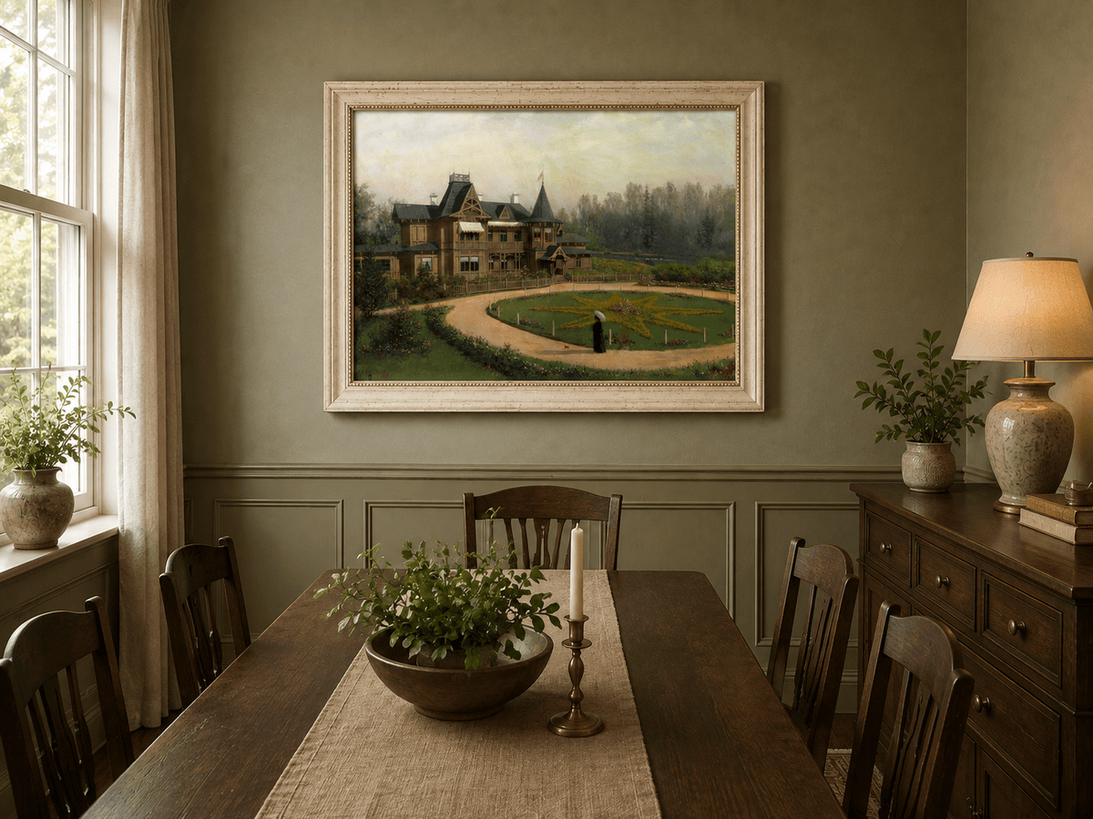 Peinture à l'huile de paysage - Villa en bois avec jardin en forme d'étoile