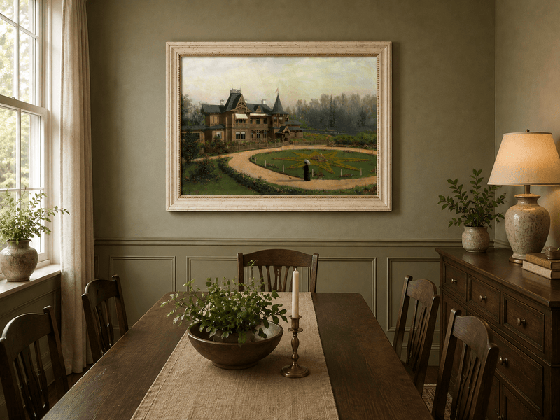Peinture à l'huile de paysage - Villa en bois avec jardin en forme d'étoile