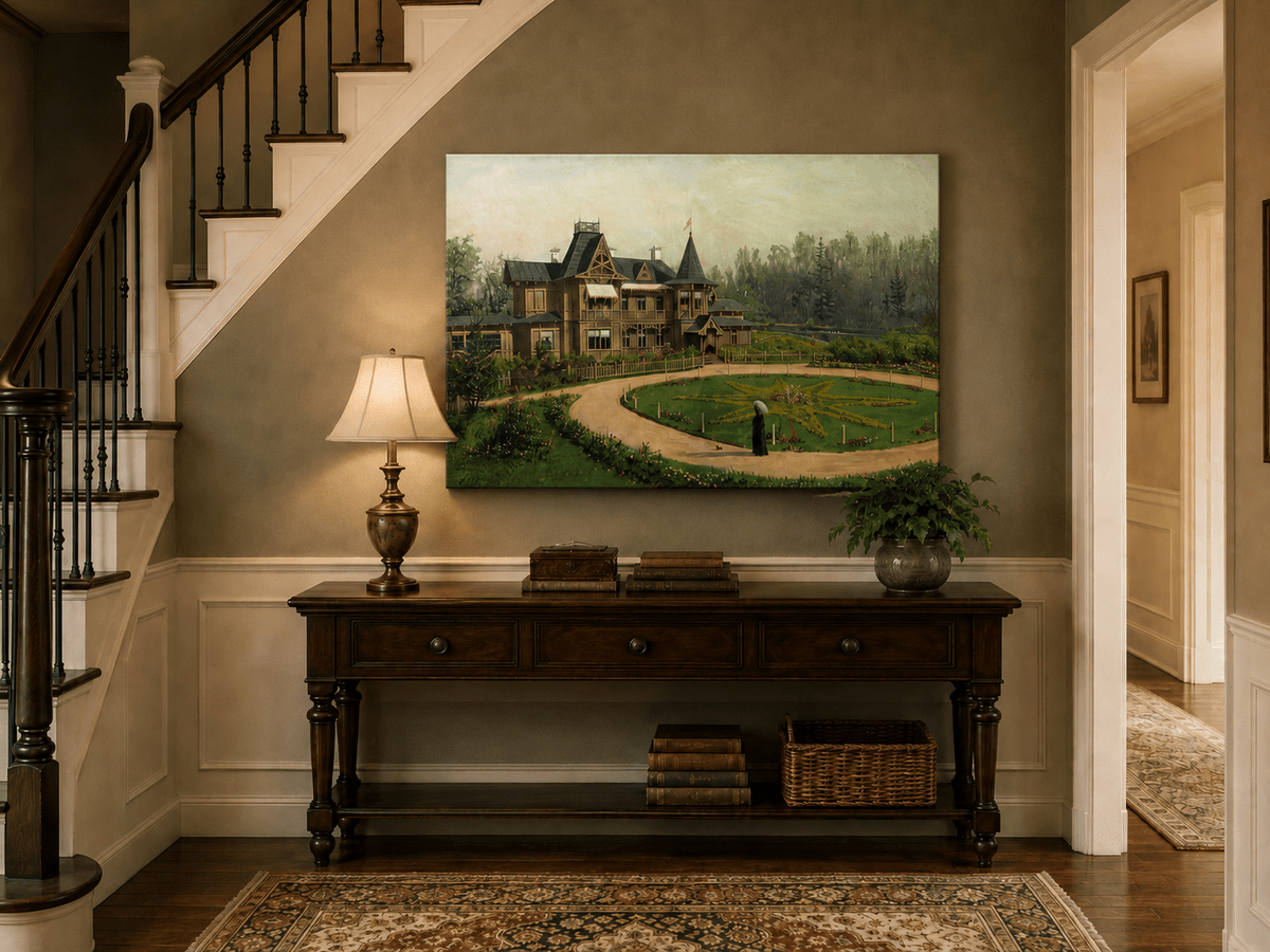 Peinture à l'huile de paysage - Villa en bois avec jardin en forme d'étoile