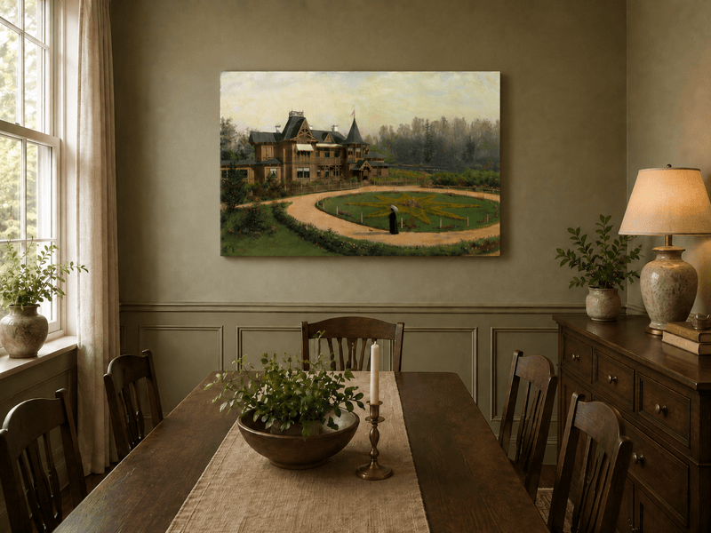 Peinture à l'huile de paysage - Villa en bois avec jardin en forme d'étoile