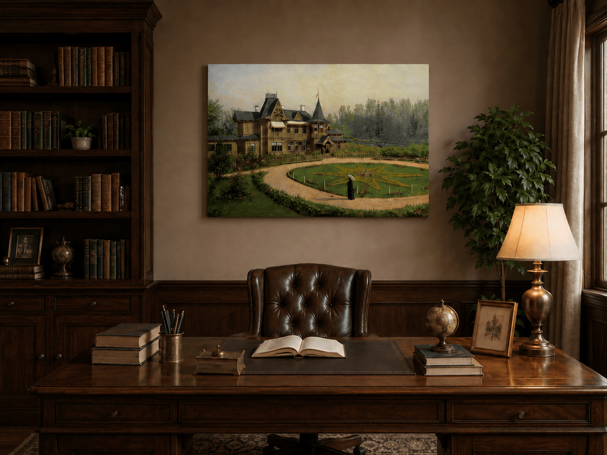 Peinture à l'huile de paysage - Villa en bois avec jardin en forme d'étoile