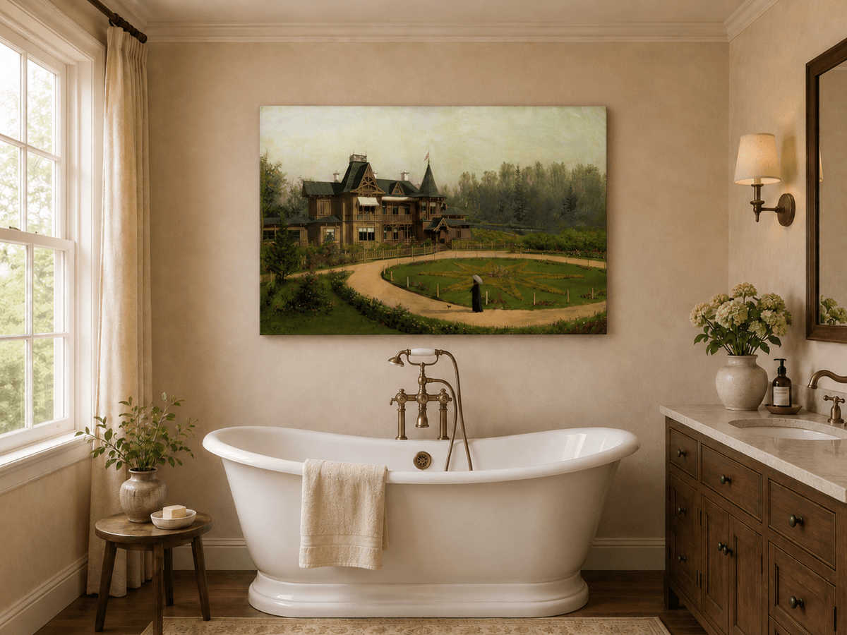 Peinture à l'huile de paysage - Villa en bois avec jardin en forme d'étoile