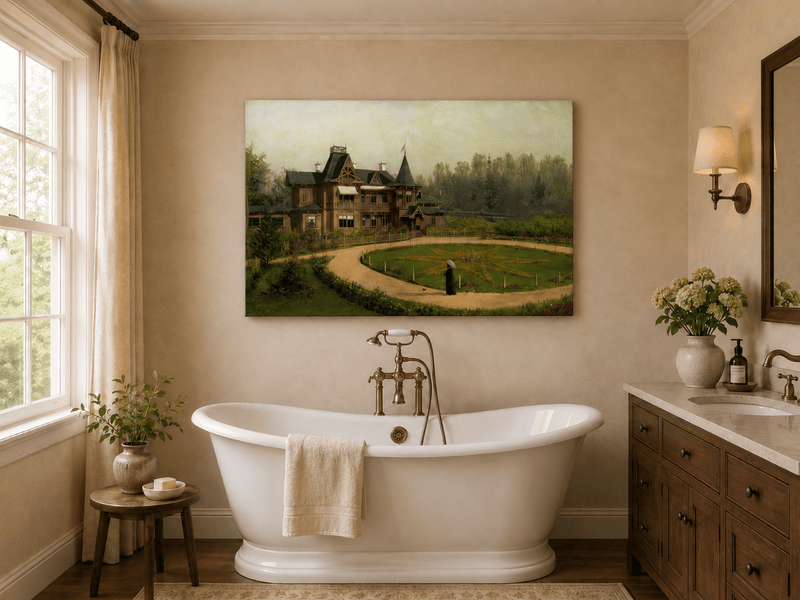 Peinture à l'huile de paysage - Villa en bois avec jardin en forme d'étoile