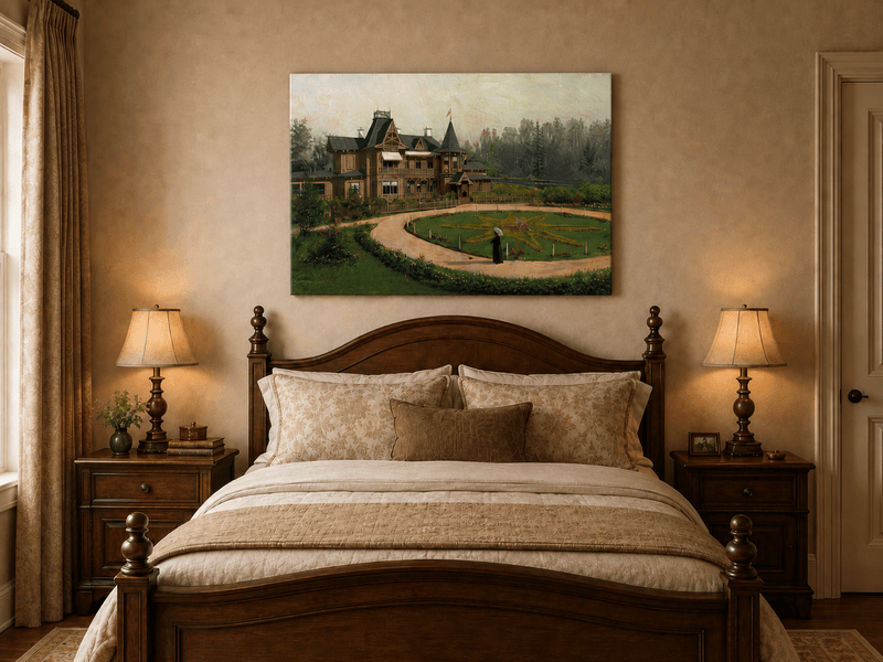 Peinture à l'huile de paysage - Villa en bois avec jardin en forme d'étoile