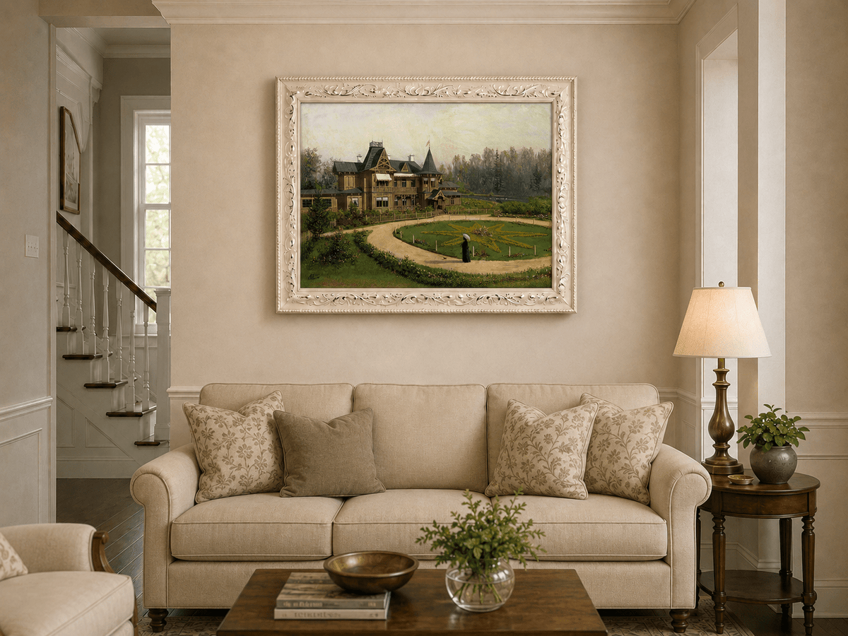 Peinture à l'huile de paysage - Villa en bois avec jardin en forme d'étoile