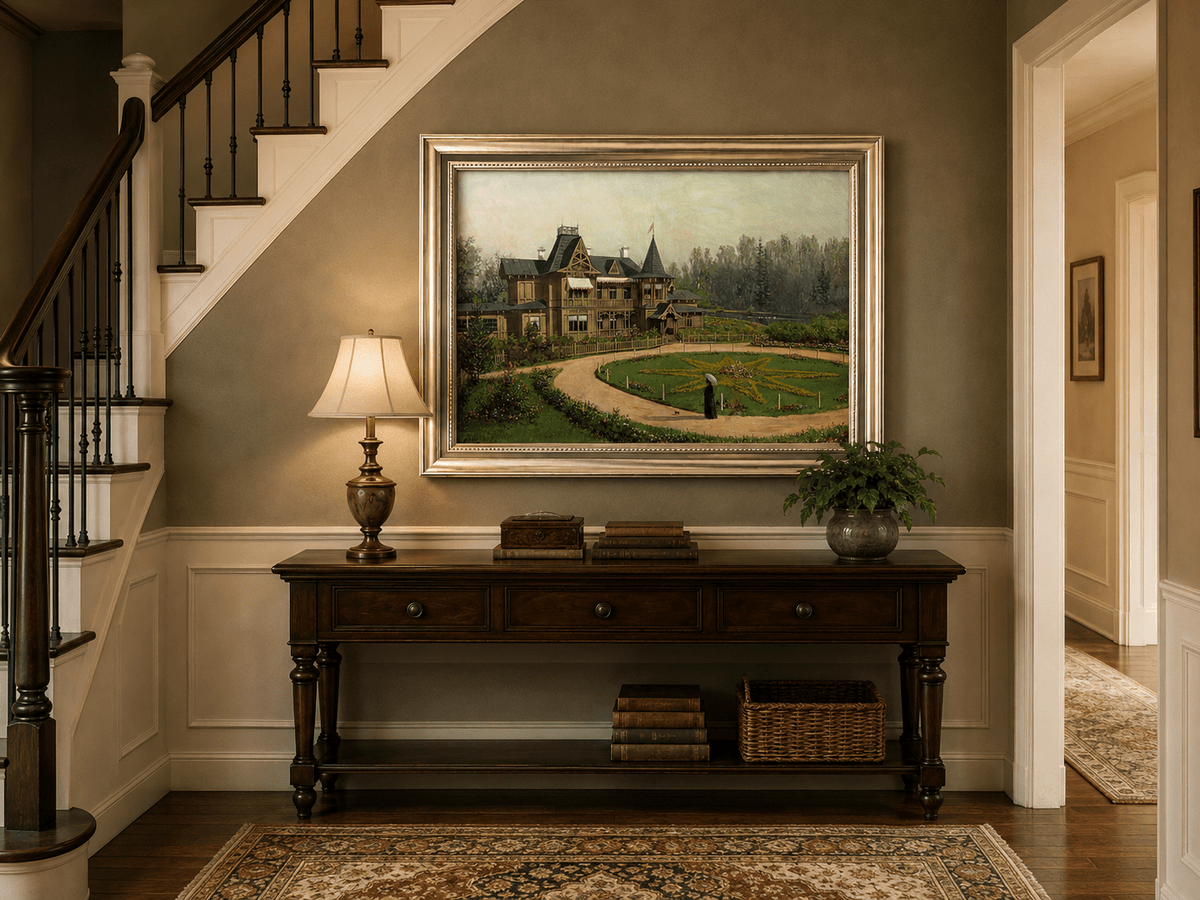 Peinture à l'huile de paysage - Villa en bois avec jardin en forme d'étoile
