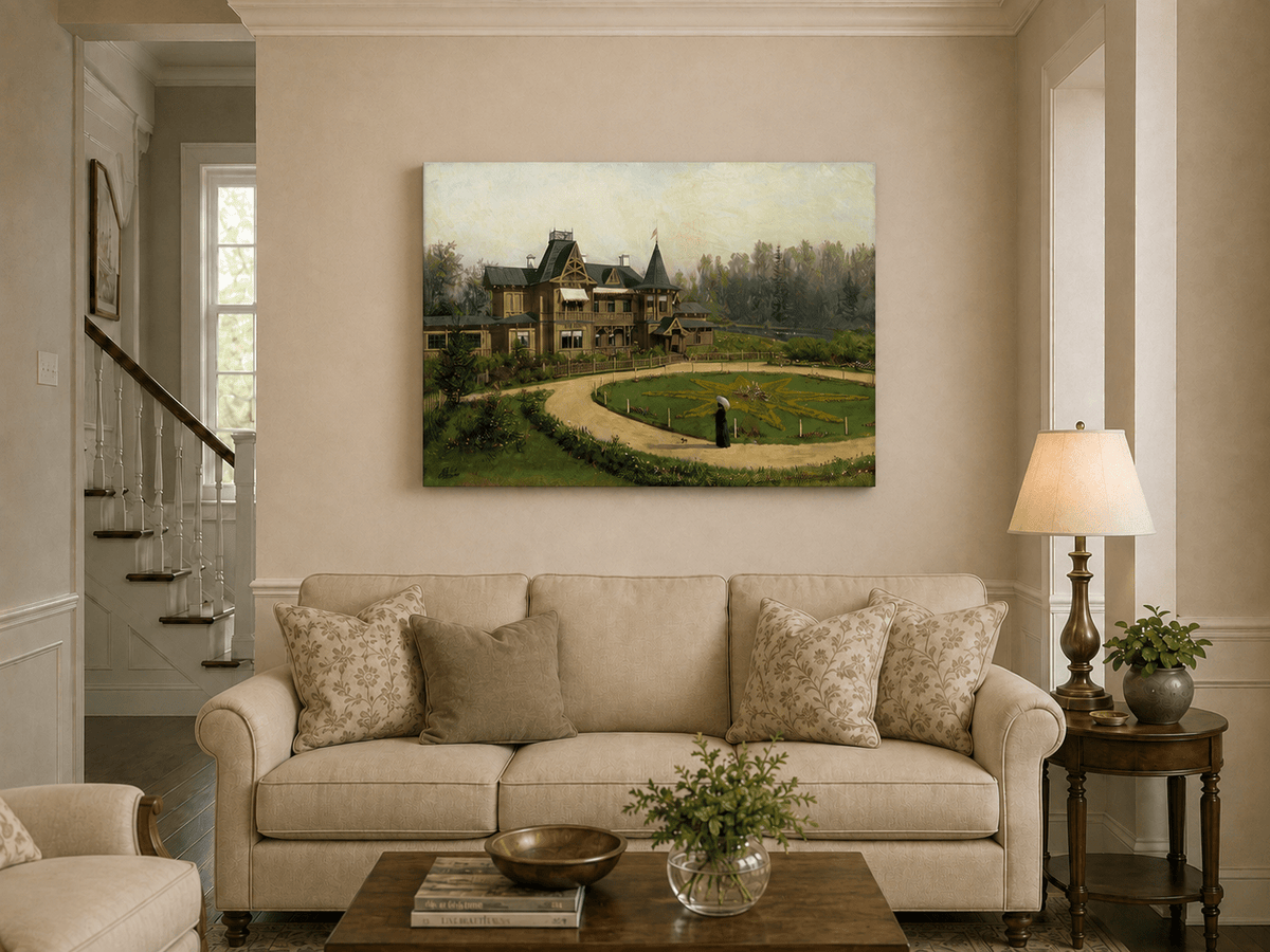 Peinture à l'huile de paysage - Villa en bois avec jardin en forme d'étoile