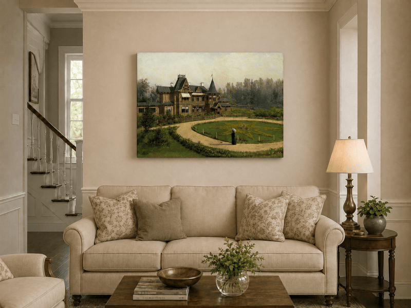 Peinture à l'huile de paysage - Villa en bois avec jardin en forme d'étoile