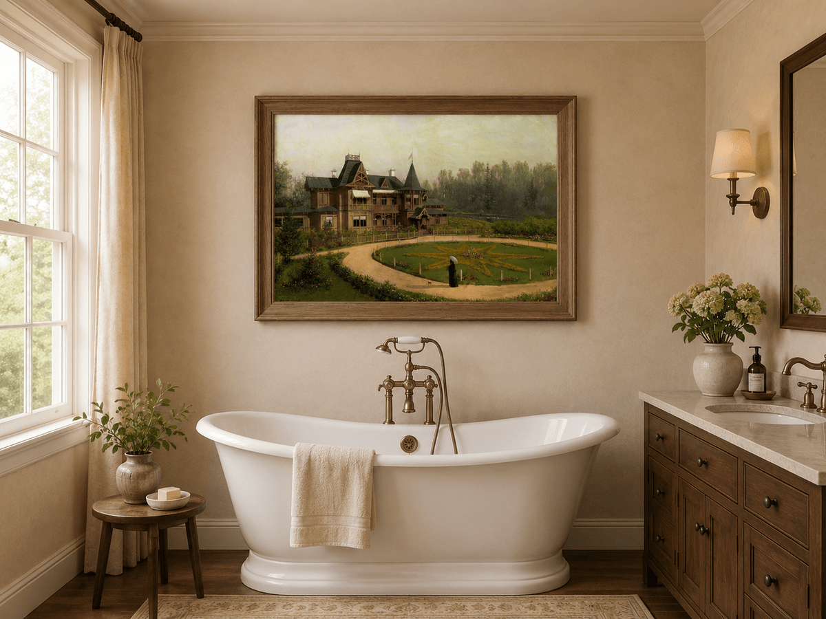 Peinture à l'huile de paysage - Villa en bois avec jardin en forme d'étoile