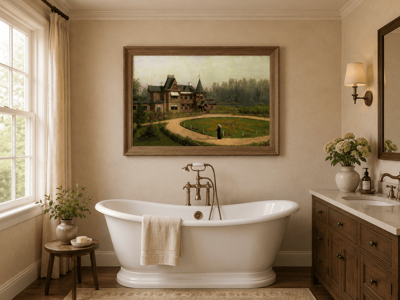 Peinture à l'huile de paysage - Villa en bois avec jardin en forme d'étoile
