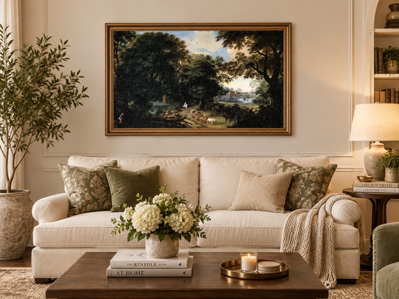 Hand-painted Woodland Carriage Path at Dusk landscape oil painting displayed as wall art in a styled interior