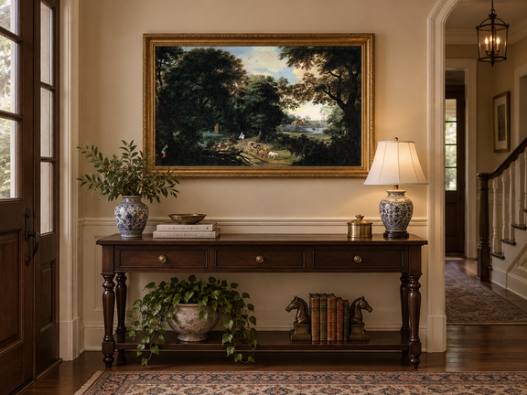 Hand-painted Woodland Carriage Path at Dusk landscape oil painting displayed as wall art in a styled interior