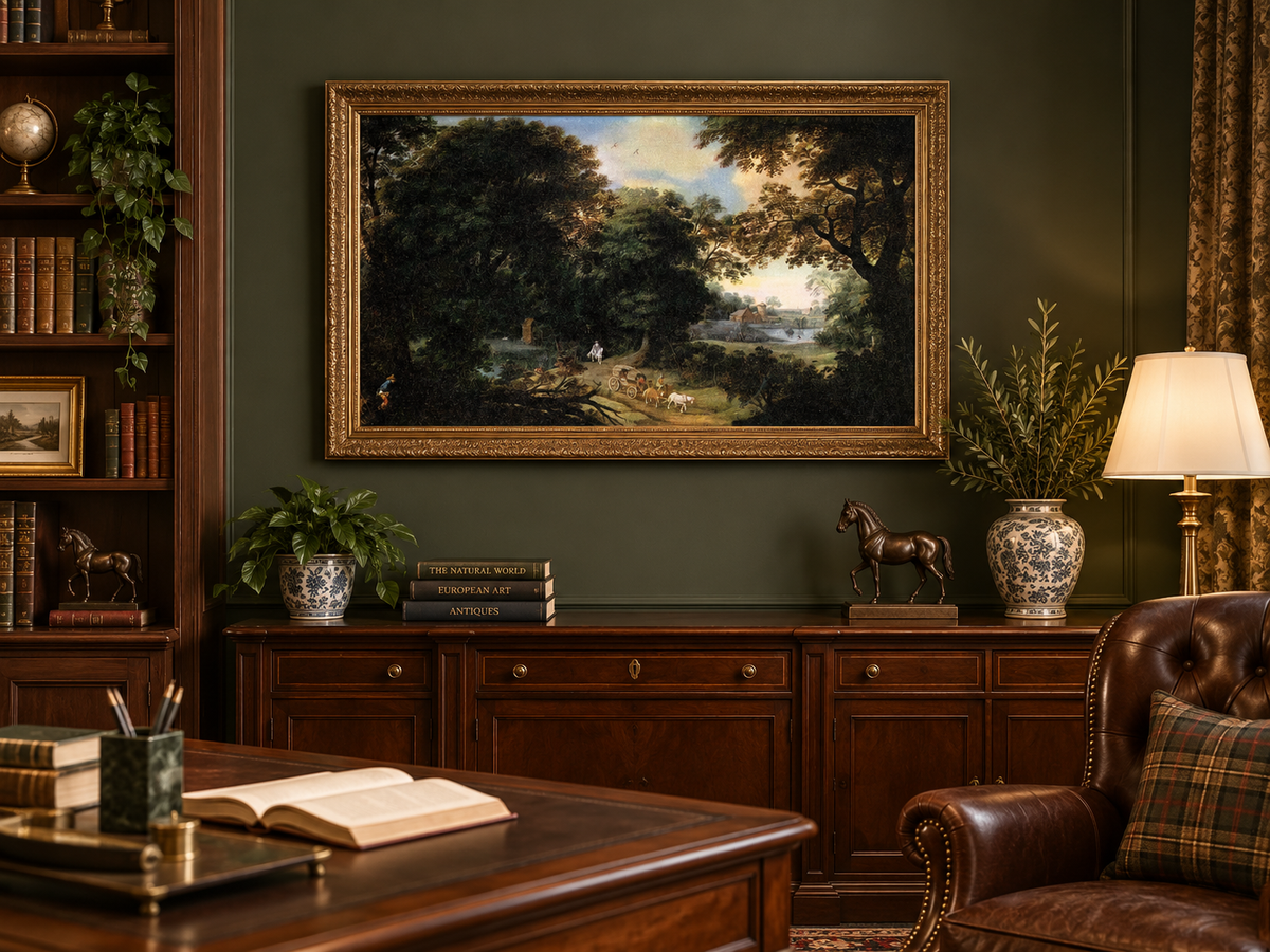 Hand-painted Woodland Carriage Path at Dusk landscape oil painting displayed as wall art in a styled interior