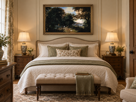 Hand-painted Woodland Carriage Path at Dusk landscape oil painting displayed as wall art in a styled interior