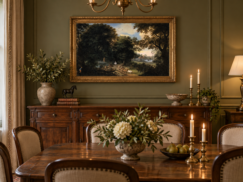 Hand-painted Woodland Carriage Path at Dusk landscape oil painting displayed as wall art in a styled interior