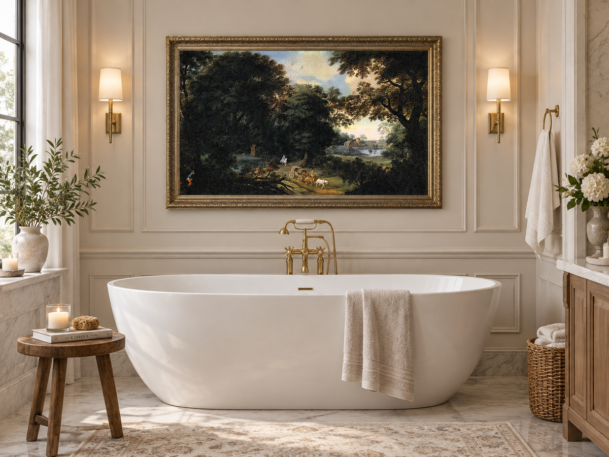 Hand-painted Woodland Carriage Path at Dusk landscape oil painting displayed as wall art in a styled interior