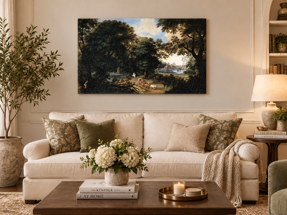 Hand-painted Woodland Carriage Path at Dusk landscape oil painting displayed as wall art in a styled interior