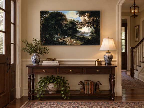 Hand-painted Woodland Carriage Path at Dusk landscape oil painting displayed as wall art in a styled interior