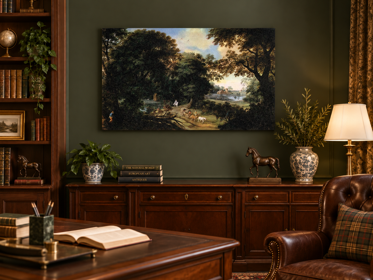Hand-painted Woodland Carriage Path at Dusk landscape oil painting displayed as wall art in a styled interior