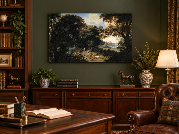 Hand-painted Woodland Carriage Path at Dusk landscape oil painting displayed as wall art in a styled interior