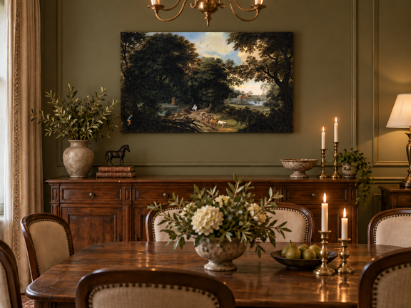 Hand-painted Woodland Carriage Path at Dusk landscape oil painting displayed as wall art in a styled interior