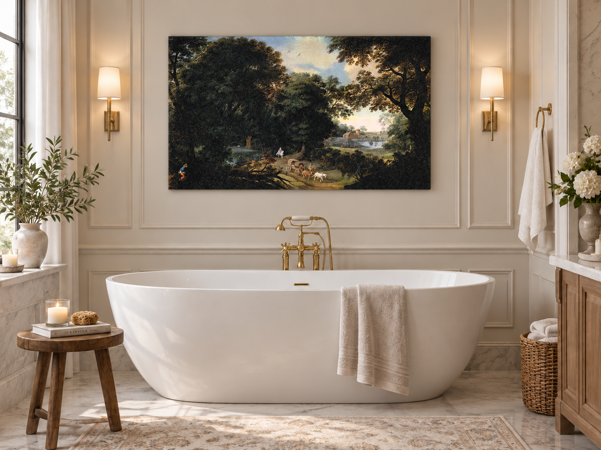 Hand-painted Woodland Carriage Path at Dusk landscape oil painting displayed as wall art in a styled interior