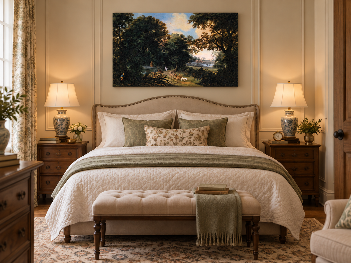 Hand-painted Woodland Carriage Path at Dusk landscape oil painting displayed as wall art in a styled interior